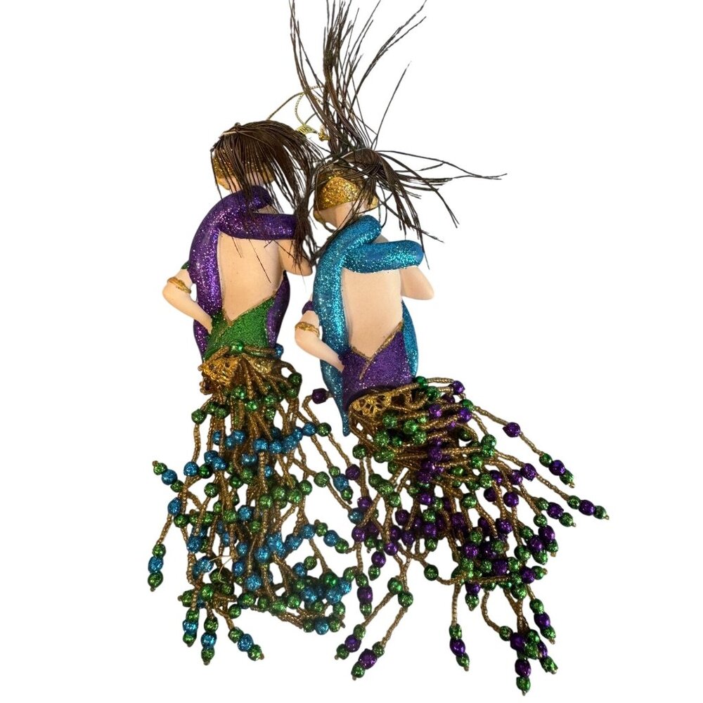 Mardi Gras Porcelain Mermaid Ornaments Set of 2 Beaded Fringe Purple Green Gold - Picture 5 of 6